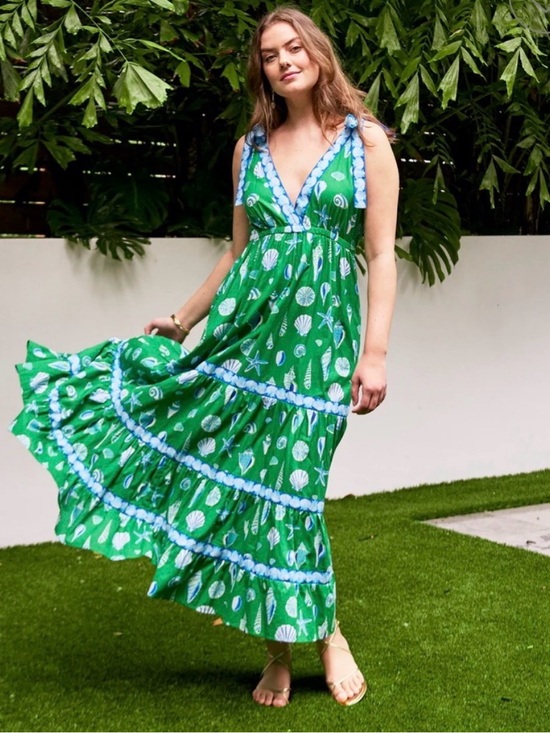 Printfresh Dresses & Skirts - Printfresh maxi dress seashell tiered Green Blue dune dancer women’s size small